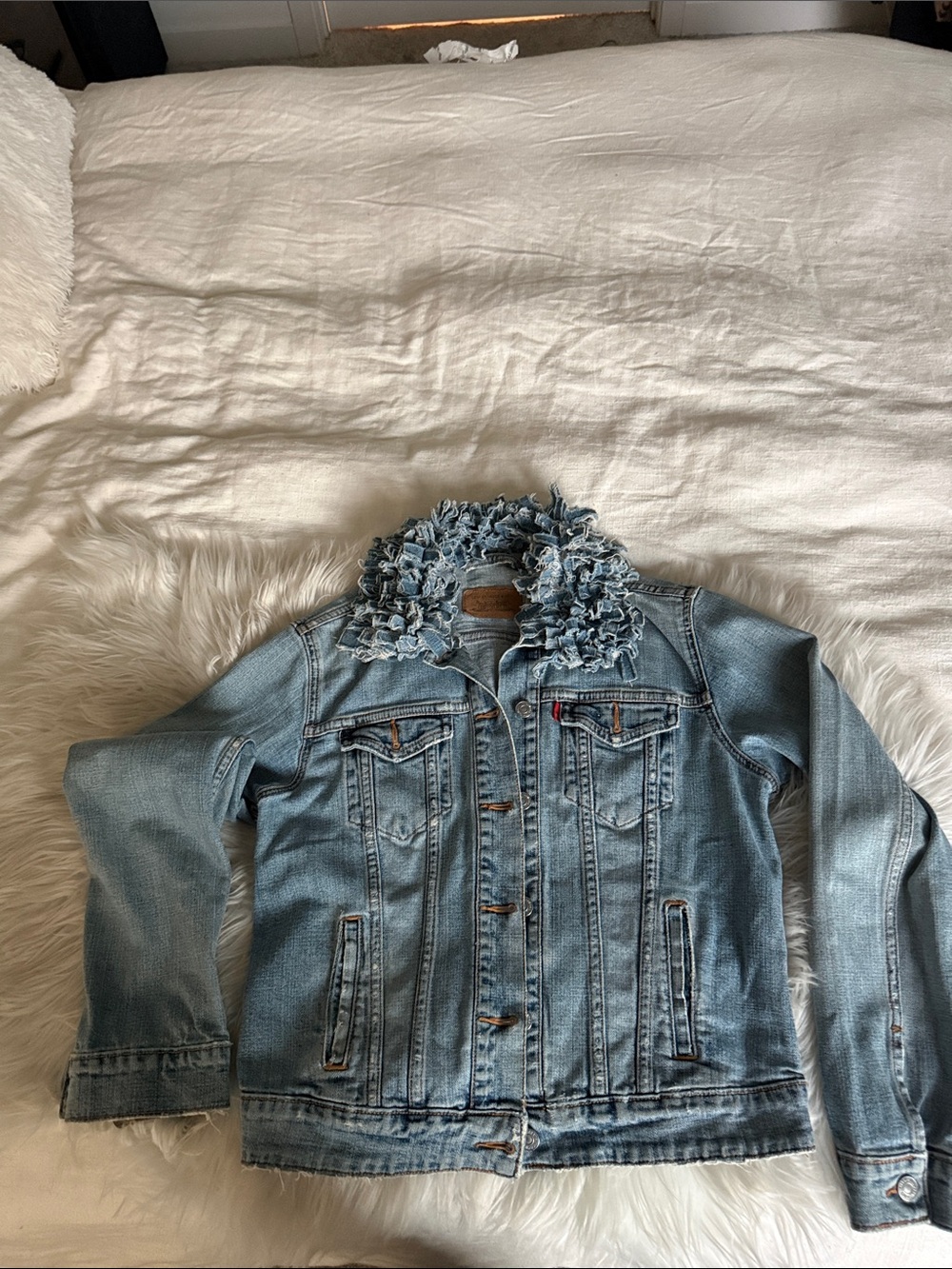 Levi's Light Blue Denim Jacket with Frayed Ruffle Collar. Hard to find item.